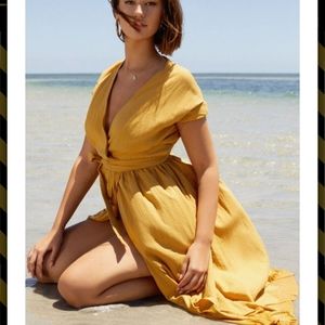 UO Gabrielle Gold Linen Midi WRAP Dress